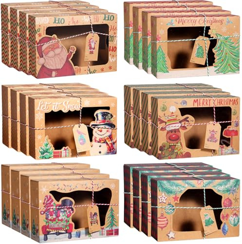 24 Stück Weihnachts Kekskästen Boxen, Weihnachten Kraft Geschenkboxen mit Sichtfenster+24 Geschenkanhänger+Drei Rollen Weihnachtsbänder, für Backen Kekse Schokolade Süßigkeiten Donut (22 x 15 x 7 cm)