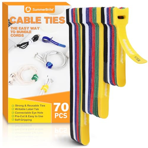 Summerbrite 70 Pièces Attaches de Câbles, 10/15/20 cm, Étiquette Cable et Attache 2 en 1, Réutilisables, Serre Cable Auto-agrippant, pour Gestion et Rangement des Câbles (6 couleurs)