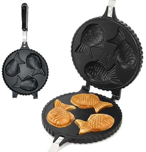 ZOOFOX Taiyaki Fish-shaped Waffle Maker, 3 Fish Shaped Cake Pan with Non Stick Cooking Plate, Japanese Fish Shaped Waffle Iron Double Pan Mold, Easy to Clean