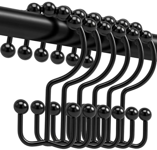 Shower Curtain Hooks, 12 Pcs Rust Proof Shower Curtain Rings, Stainless Steel Free Sliding Double Shower Hooks for Bathroom Shower Curtains & Liner - Black