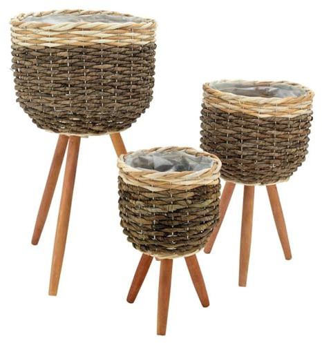 AUBRY GASPARD - Cache-Pots en Bananier Naturel - Série De 3 - Doublés Plastique - avec Pieds en Bois - Tailles Ø20 H17-32 À Ø30 H245-585 - Élégance Organique - Naturel - Ø20-Ø30