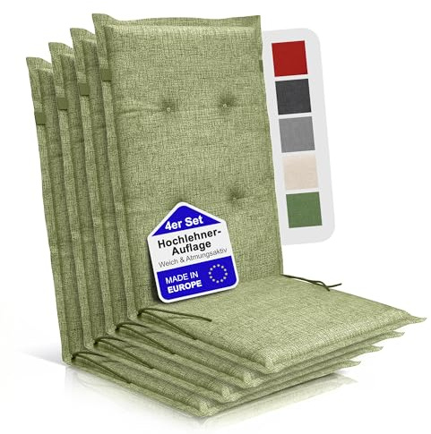 BI International Relexo Premium - Hochlehner Auflage Gartenstuhl Stuhlauflage mit Polster, Outdoor Sitzkissen & Stuhlkissen für Gartenmöbel Auflage wetterfest, Sitzkissen bequem (Grün, 4er Set)
