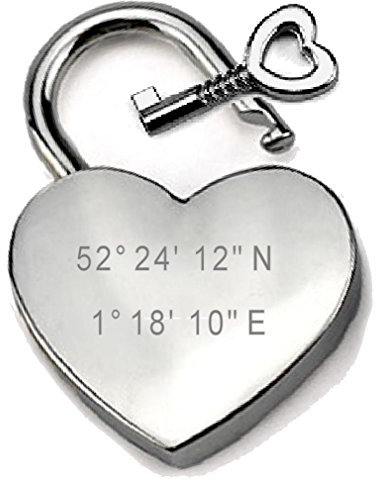 Silver-Tone Heart Padlock Engraved Address Latitude Longitude