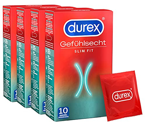 Durex Gefühlsecht Slim Kondome – Dünne Kondome mit schmaler Passform & mit Silikongleitgel befeuchtet– 4er Pack (40 Stück)