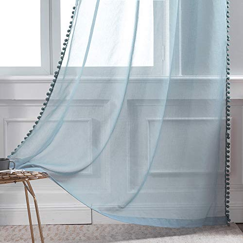 MIULEE Vorhänge mit Pompons-Niedlich Blau Gardinen 2-Set für Kinderzimmer, Transparent Gardinen mit Pompons für Wohnzimmer Jugendzimmer, Dekoschals Durchsichtig Vorhang mit Bommeln,2XH 175 X B 140cm