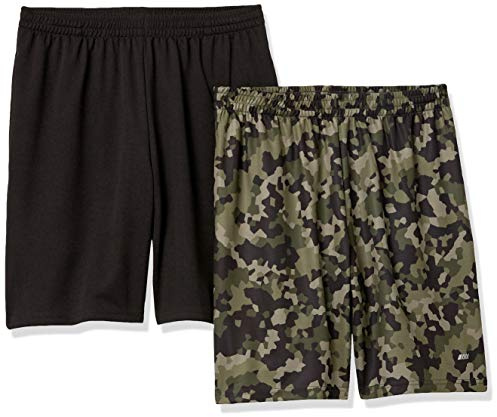Amazon Essentials Pantalones Cortos de Entrenamiento de Corte Suelto de Alto Rendimiento para Gimnasio y Baloncesto Hombre, Pack de 2, Negro/Verde Camuflaje Geométrico, L