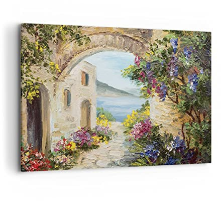 ARTTOR Leinwandbild 100x70cm Wandbild Architektur Blumen - 4191 | Haus Santorini Groß Wanddekoration Wohnzimmer Schlafzimmer Küche Wanddeko Wand Kunstdruck Wandkunst Wall Decor ARTTOR