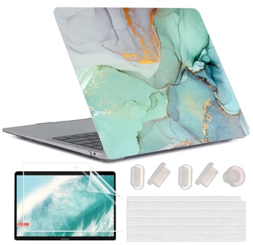 MUSHUI 4 in 1 Hülle für MacBook Air 13 Zoll 2020 2019 2018 Freisetzung A2337 M1 A2179 A1932 Touch ID, Flexibel Plastik Hartschale Snap Case & Tastaturschutz & Displayschutz, Grüner Marmor