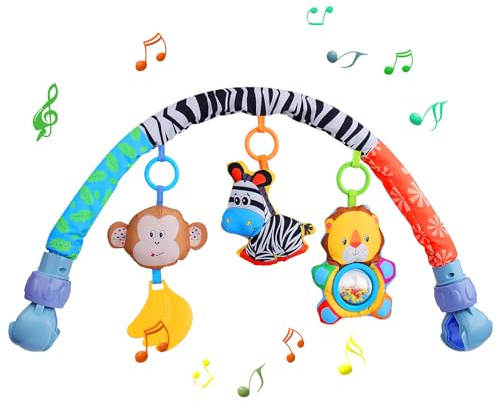 yusvwkj Baby Arch Pram Toys for Babies 0-6 Months Pushchair & Pram Toys with Rattle/Squeak Musical Sensory Hanging Crib Arch Mobile Stroller Toys for Newborn Infant Boys Girls