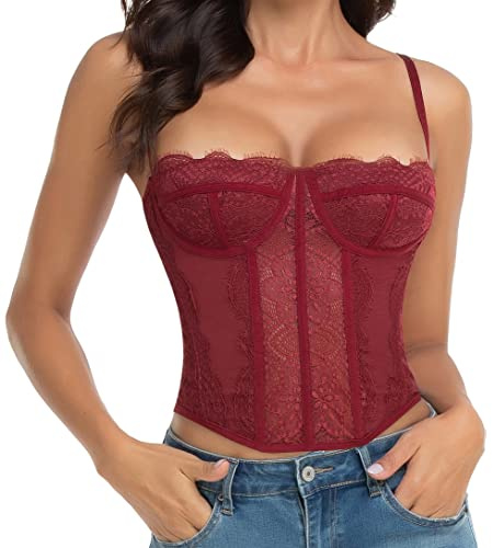 Raxnode Lace Corset Crop Tops for Women - Sexy Fashion Club Bodysuit with Buckle, Burgundy, Small