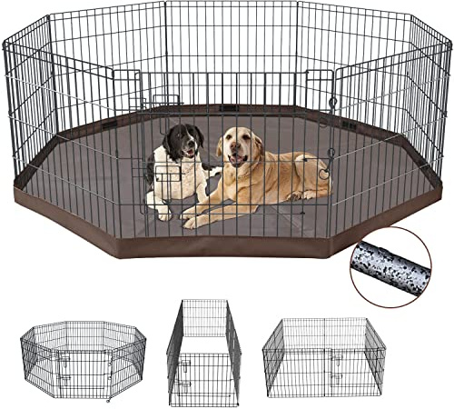 NEZUC Foldable Metal Dog Exercise Playpen Gate Fence Dog Crate 8 Panels 24 Inch Height Puppy Kennels with Top Cover/Bottom Pad for Animals Outdoor Indoor (Playpen+Bottom Pad, Brown, 24 H)