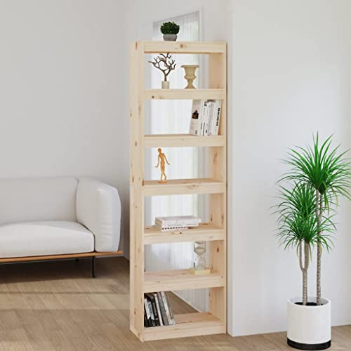 WIFESE Bücherregal Raumteiler 60x30x199,5 cm 6 Fächer Holzregal Standregal Bookshelf Aufbewahrungsregal Aktenregal Hochschrank Regal für Arbeitszimmer Büro Wohnzimmer Massivholz Kiefer Braun
