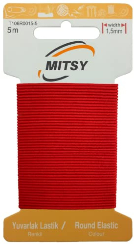 MITSY Cinta de goma redonda resistente al desgarro para coser, ancho de 1,5 mm, 5 m, color rojo, fuerte, redondo, goma para pantalones, hogar, manualidades, tejidos para costura