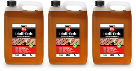 MK BAUCHEME Leinöl-Firnis - Doppelt gekochtes Holzöl als natürlicher Holzschutz für Möbel - Wasserabweisend, 15 Liter