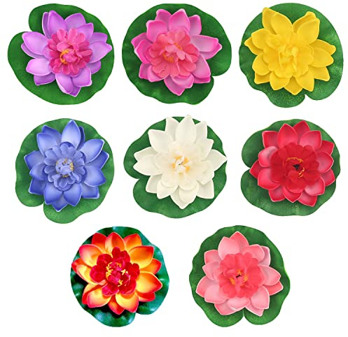 ASUNFO 8 Pcs Artificial Floating Foam Lotus Flowers Realistic Water Lily Pads for Pond Pool Home Garden Wedding Decorations 4 Inch