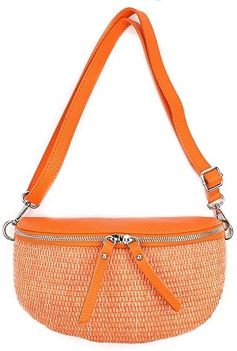 Made in Italy Damen Leder Tasche Basttasche Schultertasche Gürteltasche Sommer Strandtasche Crossbody Bauchtasche Umhängetasche Cross-Over Bodybag Handytasche Geflochten Bast Abendtasche Orange