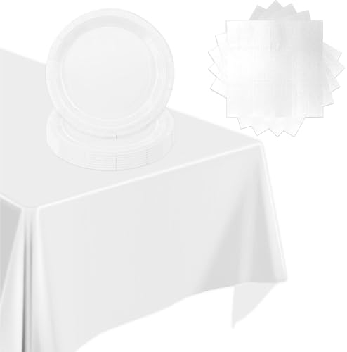 POPOYU 37 Pièces Anniversaire Vaisselle Blanc de Fête en Papier -16x Assiettes en Papier,20 x Serviettes,Nappe,Ensemble de Vaisselle pour Fournitures de Décoration d'Noël Mariage (16 invités)