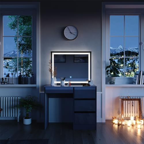 Vicco Schminktisch Sherry, Anthrazit, 90 cm | mit LED- Spiegel, mit LED-Beleuchtung und passendem Sitzhocker