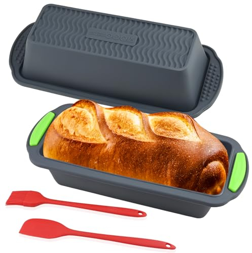 Silikon Brotbackform, Rechteckige Silikon Backform Box, 13 x 29 x 6,5 CM Antihaftend & Flexible Brotform mit Teigschaber und Silikonölpinsel, Küche Brotbackform für Brot, Kuchen, Backen （Dunkelgrau）