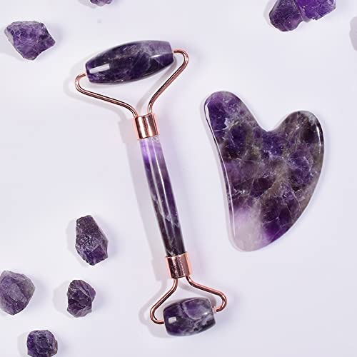 Amethyst-, Naturstein-Gesichtsroller, Gua Sha-Werkzeugset, Kratzkristallmassage, 2-tlg Voller Textur
