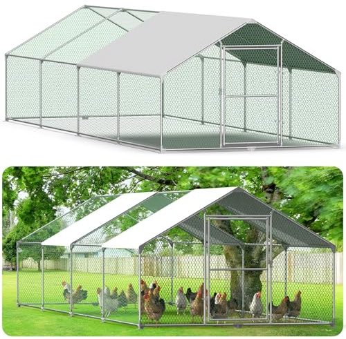Kidsgigglz Freilaufgehege Hühnerstall，Hühnerkäfig mit Schloss、PVC-Beschichtetes Schatten Dach，Freigehege Aus Verzinktem Metall，Hühnergehege Voliere,Geflügelstall für Hühner Hasen Kleintiere，3X8M