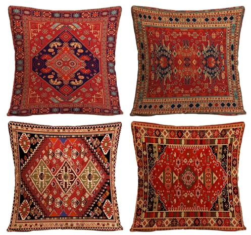 HDGSAFD Lot de 4 housses de coussin décoratives en lin peint à motif rétro pour canapé et salon (coussin non inclus)