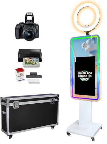 Photomaton magique avec imprimante et appareil photo, cabine photo portable de 54,6 cm à écran tactile pour selfies, appareil photo reflex numérique, lumières RVB, impression instantanée pour