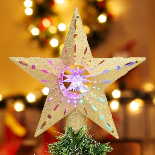 Quntis Weihnachtsbaumspitze mit Projektor Sterne Christbaumspitze beleuchtet mit Bunte LEDs Christmas Tree Topper, Dekoration für Weihnachtsbaum und Innenausstattung (Gold)