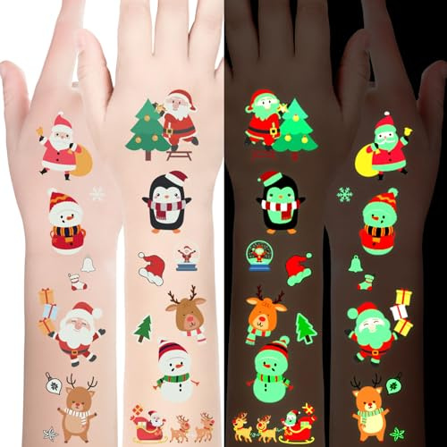 Lot de 120 tatouages de Noël lumineux pour enfants - Décoration de Noël - Tatouage temporaire - Pour garçons et filles - Cadeaux de Noël pour enfants