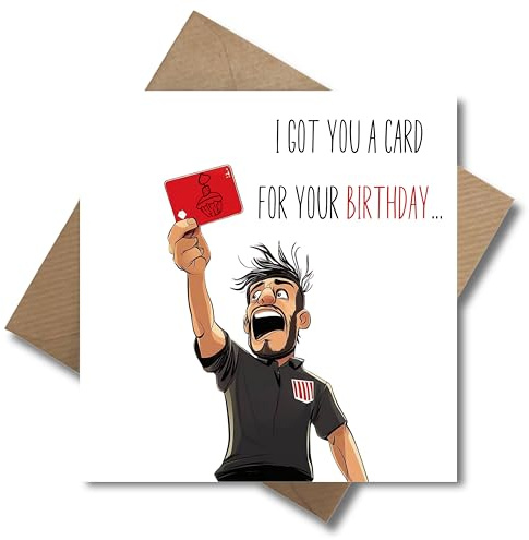 WBdesignz Geburtstagskarte mit Umschlag - Grußkarte zum Geburtstag Fußball Schiedsrichter - witzige Klappkarte mit roter Karte – mit Umschlag für Männer, Freunde oder Fußballfans (125 x 125 mm)