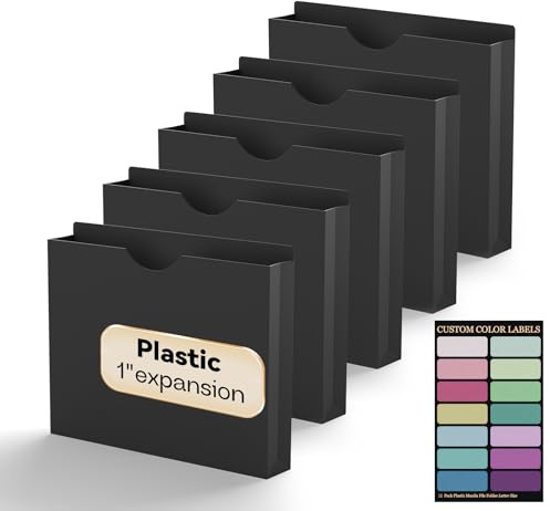 NORDUN Plastic 1 Inch File Jackets Letter Size,12 Pack Reinforced Manilla Pocket Folders,Poly Expandable File Jacket for Documents,Heavy Duty Expansion Pocket Files with Straight Cut Tabs,Black