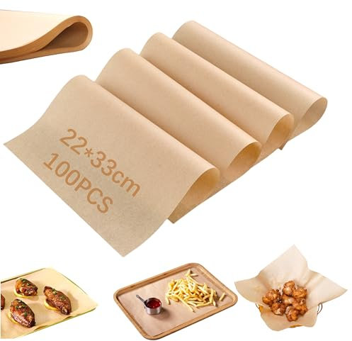 100 feuilles de papier cuisson antiadhésif - Papier sulfurisé alimentaire pour cuisine, air fryer, grill & friture - Papier cuisson air fryer universel pour emballage et cuisson (22 * 33CM)