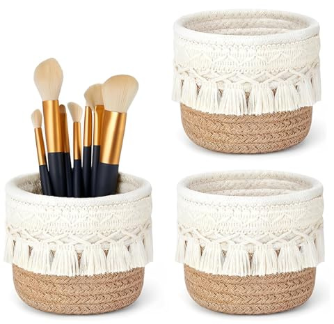LOLYSIC 3 soportes para pinceles de maquillaje, cesta de algodón, mini cesta de almacenamiento, cesta de almacenamiento trenzada, caja de almacenamiento, cestas decorativas bohemias para bolígrafos