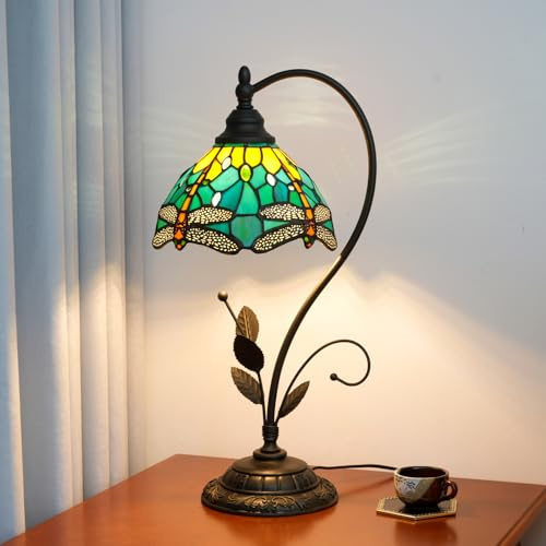 Blivuself Tiffany Tischlampe Libelle Grün Buntglas Lampe Tiffany Stil S Blätter Vintage Schreibtisch Licht für Nachttisch Wohnzimmer Büro Schlafsaal Esszimmer