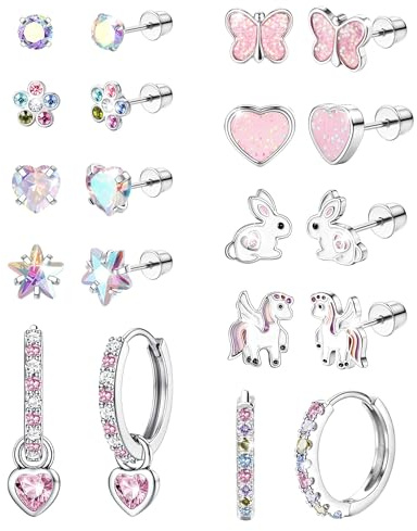 CASSIECA 10/12 par söta platta ryggörhängen för kvinnor flickor barn allergivänliga kirurgiska stålringar knoppörhängen hjärta blomma fjäril flerfärgad CZ skruv tillbaka örhängen set, Rostfritt stål