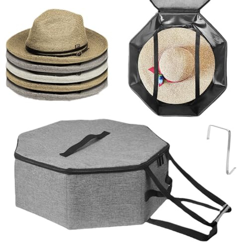 mumisuto Hat Storage Box with Lid for Travel,Portable Hat Storage Box with Zipper and Handle,Foldable Organizer Box for Women Men Storage Bins Large Cap Bag, Holds up to 5 Caps (Grey)