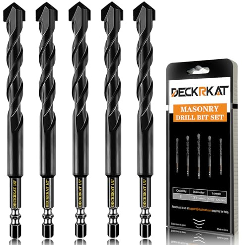 DECKRKAT 5-Piece 1/2 Carbide Masonry Drill Bits for Concrete, Brick, Tile - Black Hex Shank Set w/Heavy-Duty Case, Quick Change Fit Drill Driver