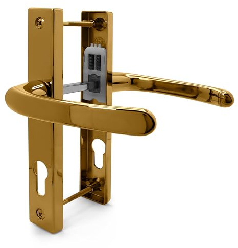 TSS UPVC Door Handle Set, 72mm PZ (Centres), Lever/Lever, Screw to Screw 180mm with Backplate 210mm x 32mm - Replacement PVC Door Handle (Polished Brass)