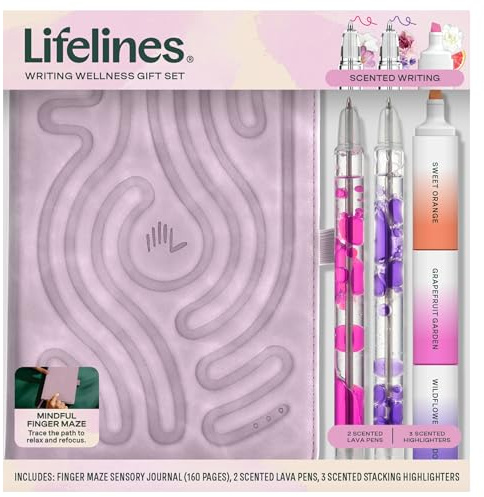 Lifelines Writing Wellness Gift Set - Scented Writing Set Includes Finger Maze Sensory Journal, 3 Scented Stacking Highlighters & 2 Lava Gel Pens - Aromatherapy & Sensory Immersion