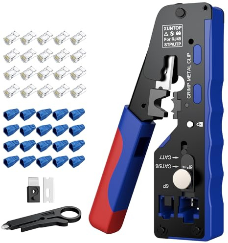 XUNTOP Pince RJ45 Pass Through Cat7 – Kit Pince à Sertir RJ45 avec Connecteurs RJ45 Pass-Through – Outil Câble Ethernet 8P8C Compatible Cat6 Cat6A Cat7 pour Installation Maison et Réseau