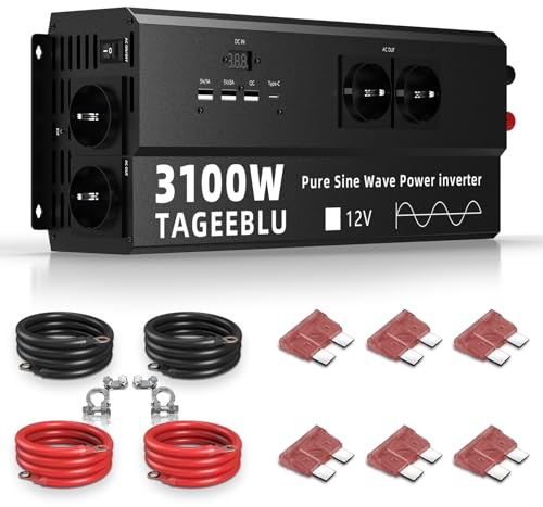3 100 W växelriktare 12 V till 230 V ren sinus, spänningsomvandlare 12 V 230 V | Omvandlare för fordon med 4 AC-uttag, 3 USB-A-gränssnitt, typ C 30 W och LCD-skärm