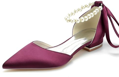 Women’s Low Heel Wedding Shoes, Pointed Toe Satin Bridal Pumps with Ankle Strap, Comfortable Kitten Heel Dress Flats