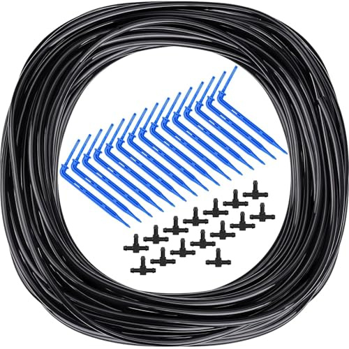 Tubo de riego por goteo de 3/5 mm, 20 goteros y conectores en T, sistema de riego para jardín, aspersor de terraza, para riego agrícola del césped (30 m)