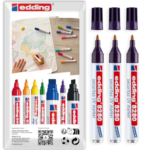 edding 8280 Securitas UV Marker Invisible Security Marking Pen, Pack of 3 | Invisible UV Markings, Permanent Security Ink, Waterproof, Wear & Smudge Resistant, Quick Drying, Made in Germany