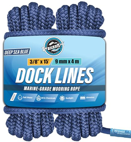WavesRx Lot de 2 Lignes de Quai Haute Performance de 1,6 cm x 7,6 m pour Grands Bateaux jusqu'à 13,7 m | Corde d'amarrage et d'amarrage de qualité supérieure (Deep Sea Blue, 3/8” x 15’)