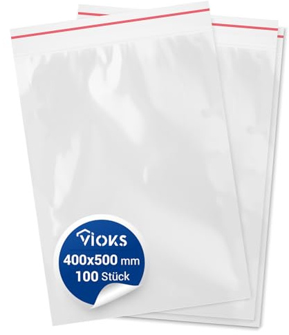 VIOKS Sacchetti con cerniera, 100 pezzi, 400 x 500 mm, 40 x 50 cm, 80 micron con chiusura a pressione, richiudibile, sacchetto di plastica impermeabile, con chiusura a pressione