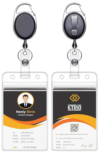 KTRIO ID Badge Holders with Metal Clip and Keyring - Vertical Clear Plastic ID Card Holders (2.5 x 3.4) - Retractable 24 Pull Cord for Office, School, 2 Pack