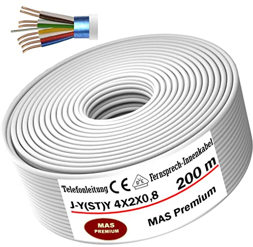 MAS Premium från 5 till 250 m telekommunikationskabel J-Y (ST) Y 2_4_6X2X0,8 telefonkabel ringkabel fjärrkabel (J-Y(ST) Y 4X2X0,8, 200 m)
