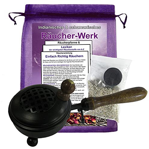 RÄUCHERPFANNE & WEIHRAUCHBRENNER 21cm mit Griff 7-TLG Set zum AUSRÄUCHERN für Räucherwerk, Räuchergefäß, Räucherschale, Räucherstövchen & Räucherstäbchenhalter in EINEM mit ZUBEHÖR. 3165S-0