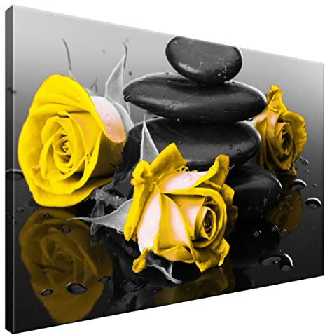 Estika Leinwand bilder - Gelbe Rosen auf Spa-Steinen - 90x60 cm, 1 teilige kunstdruck - Wandbilder wohnzimmer, schlafzimmer, Moderne wanddeko, Bild auf leinwand - Blumen bilder - 2554A_1L